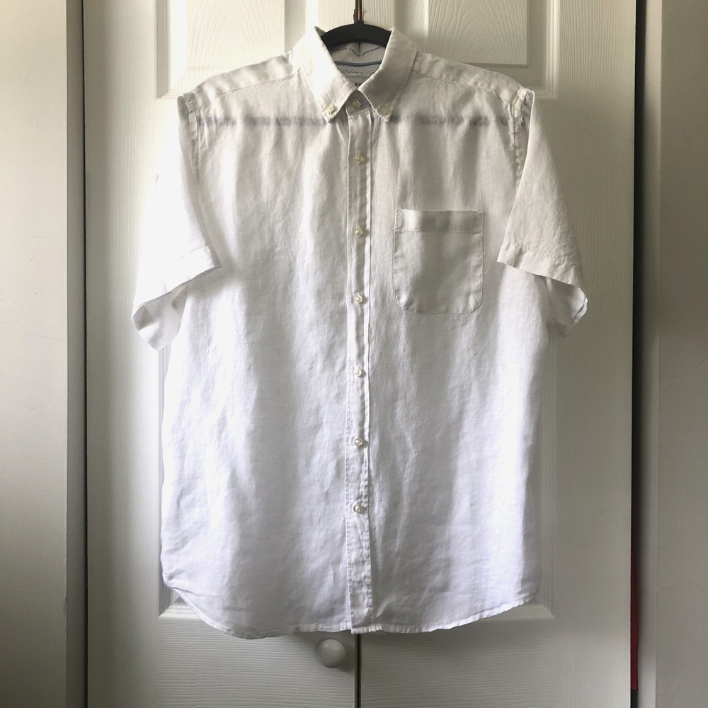 Porter and Ash Men 100% Linen Button Up Short Sleeve Shirt White Size L Beach